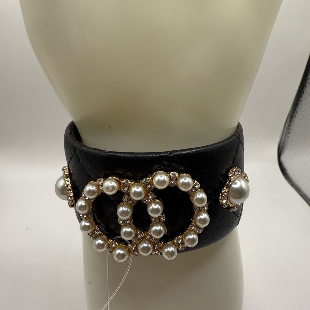 Brown Fashion Pearl Double Round Studded Faux Leather Cuff Bracelet Taupe
